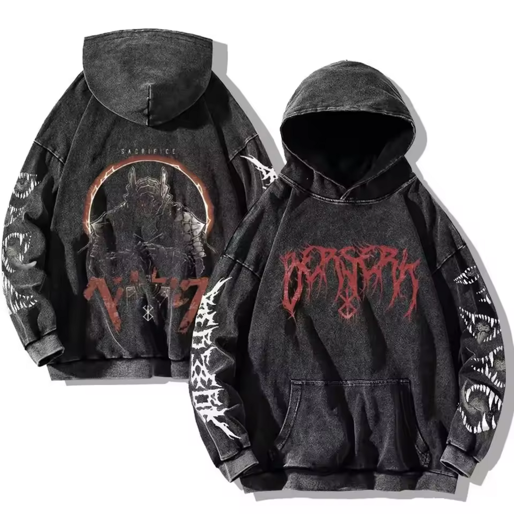 Berserk Washed Hoodies: Dark Fantasy Oversize Pullover