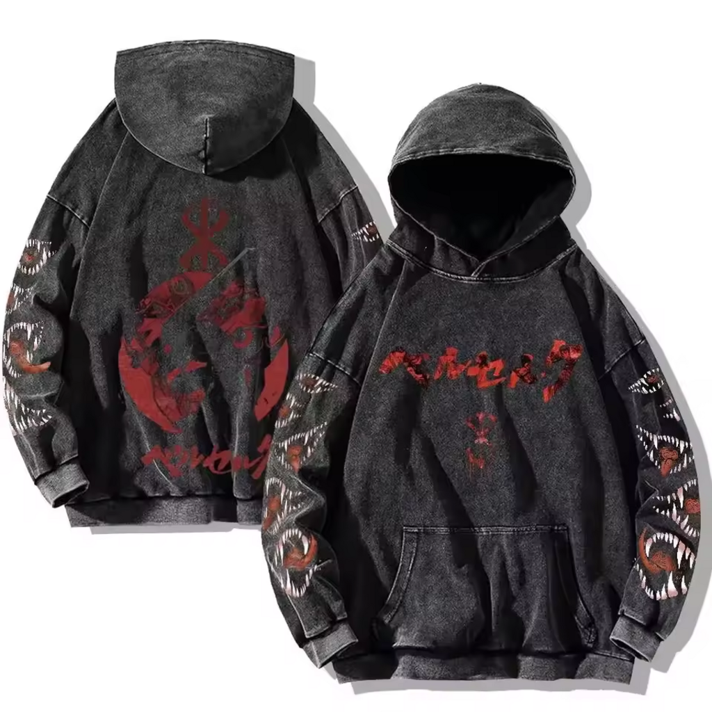 Berserk Washed Hoodies: Dark Fantasy Oversize Pullover