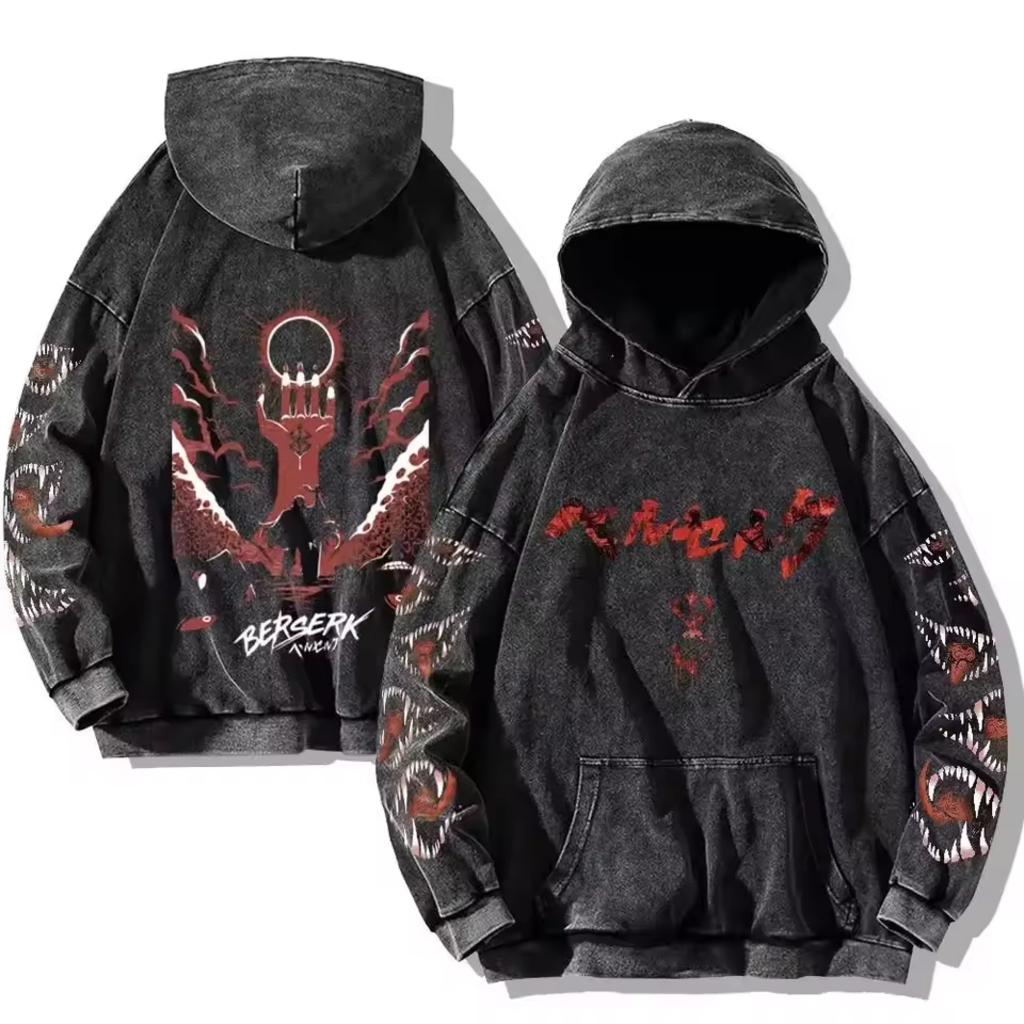 Berserk Washed Hoodies: Dark Fantasy Oversize Pullover